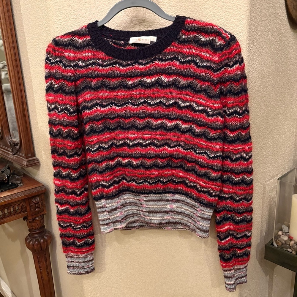TORY BURCH Metallic Lurex Multicolor Stripe Mohair Crewneck Sweater Size Small